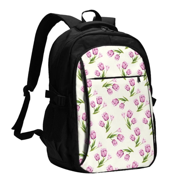 Easygdp Tulips Flowers Mochila para Laptop de Viaje con Puerto USB, Mochila para Laptop con Puerto de Carga USB para Mujeres y Hombres