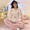 thumbnail image 3 of Conjunto de pijama de cuello redondo de franela gruesa dulce y linda de polar coral para mujer para otoño e invierno, 3 of 6