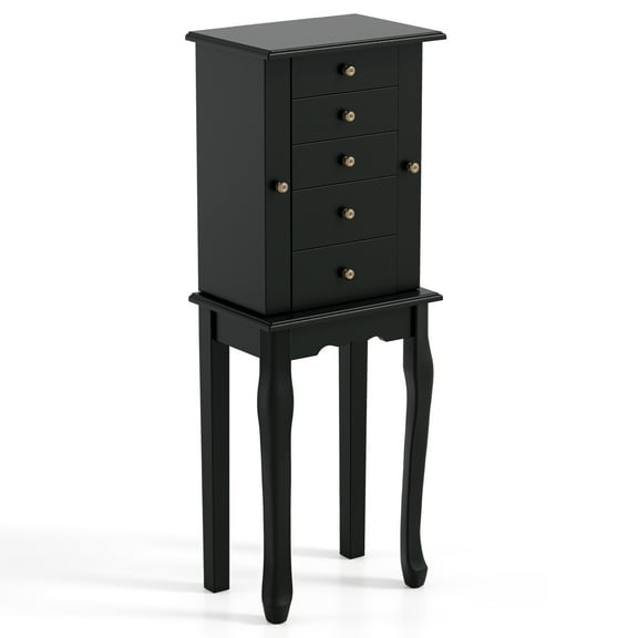 Giantex Jewelry Cabinet Armoire with Top Mirror, 5 Drawers, 2 Swing Doors, Wooden Jewelry Treasure Storage Chest with Large Storage, Standing Jewelry Organizer (Black)