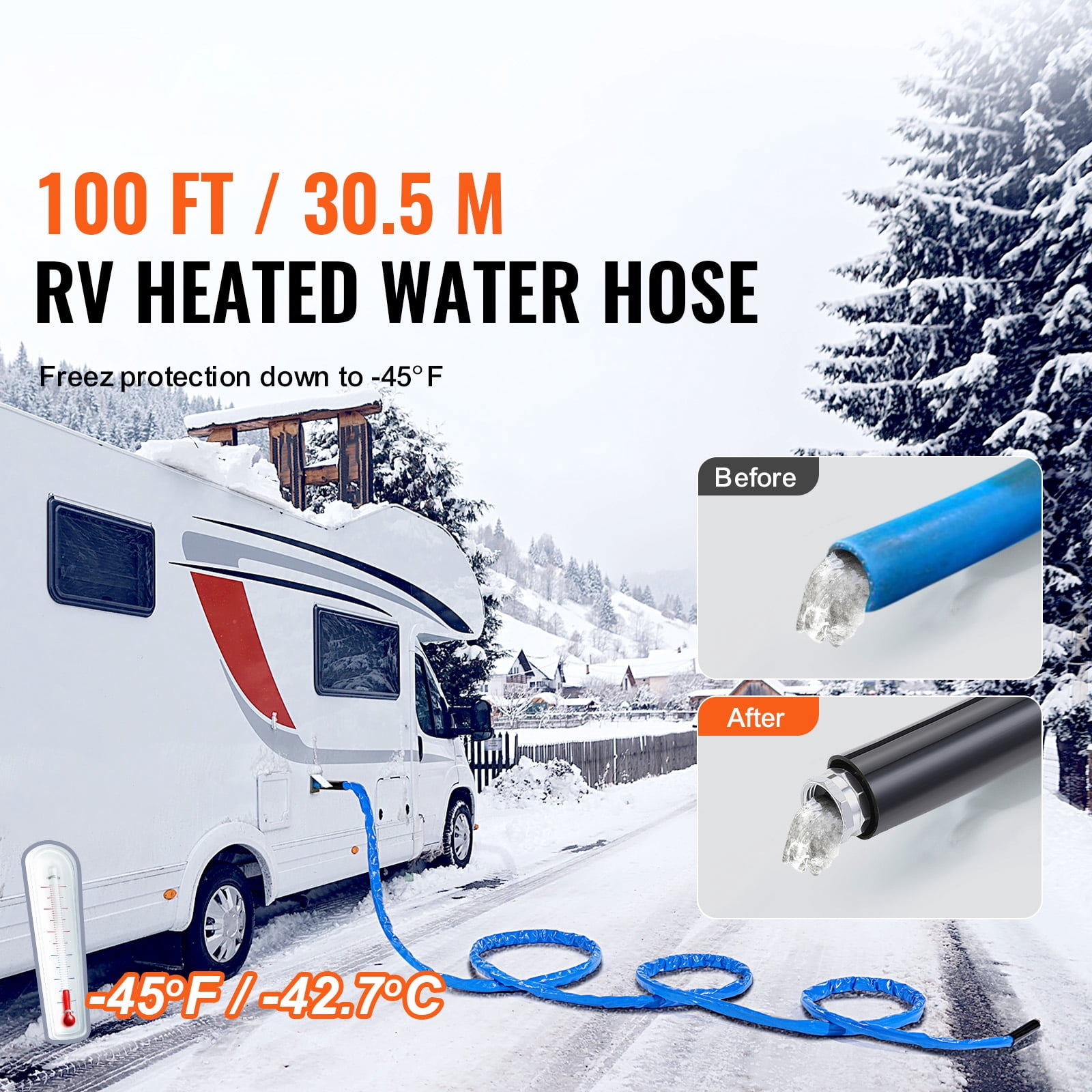 KFFKFF 100ft RV Heated Hose, Corrugated Cover for Freeze Protection to -45°F, Self-regulating, 5/8" Inner Diameter with 3/4" GHT Adapter, Free of Lead and BPA