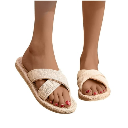 

Yoslce Slippers for Women Shoes Summer Beach Sandals Slippers Imitation Hemp Rope Travel Flat-bottom Shoes Beige 36