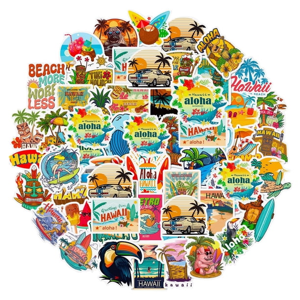 Hawaiian Water Bottle Stickers, 50pcs Summer Stickers, Cute Hawaiian Summer Waterproof Stickers, Sunny Beach Ocean Stickers, Laptop, Phone, Skateboard