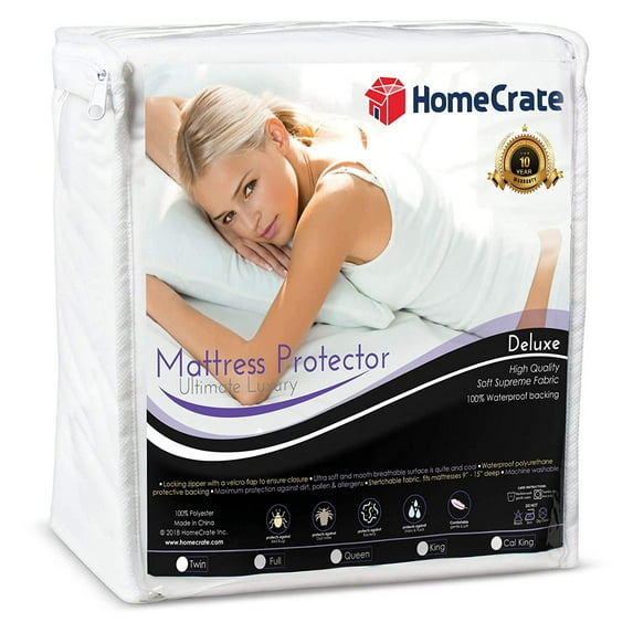 HomeCrate LUXURY-Zippered Mattress encasement Queen Size Mattress Protector, White