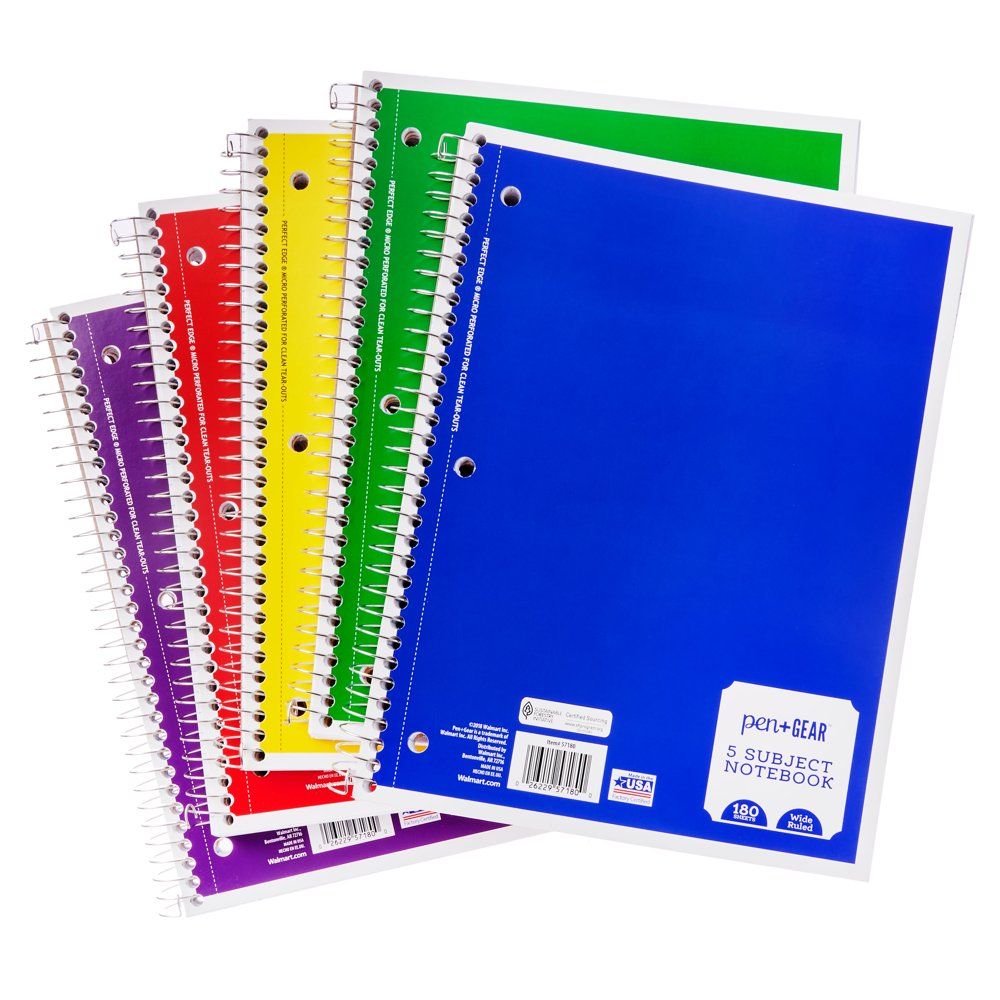 Pen + Gear 5Subject Spiral Notebooks, Wide Ruled, 180 Sheets Walmart
