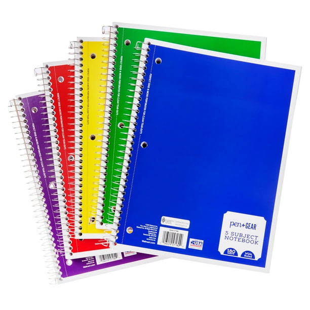 Pen+Gear 5Subject Spiral Notebooks, Wide Ruled, 180 Sheets Walmart