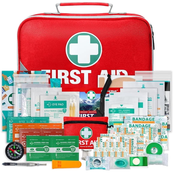 General Medi First Aid Kit 215-Piece 2-in-1 with Bonus 43-Piece Mini Kit Includes Eyewash Cold Pack Moleskin Pads Emergency Blanket - Ideal for Home Travel Car Office Camping