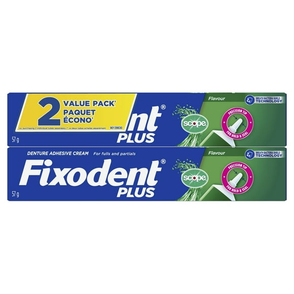 Crème adhésive sûre pour prothèses Fixodent Plus à saveur de Scope, paquet double 2 x 57 g