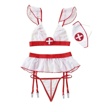 

Fimkaul Women s Lingerie Nightgowns Fun Three point Underwear With Garters Style Clothes Nurse s Sleepwear Sets White