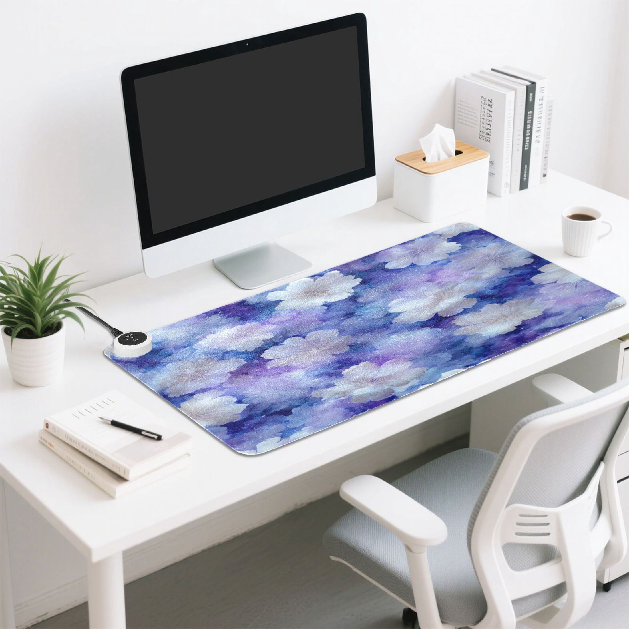 Large Heated Desk Mat Mouse Pad 31.5"x13"PU Leather Graphene Heating Desk Warmer with 3 Temperature Settings 110V US Plug Non-Slip Warm Pad for Home, Office, and Gaming Starry Watercolor Floral Print