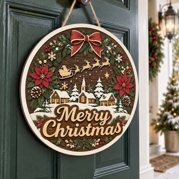 Door Hanger Christmas Santa Sleigh Reindeer Wooden Round Sign Holiday Decor