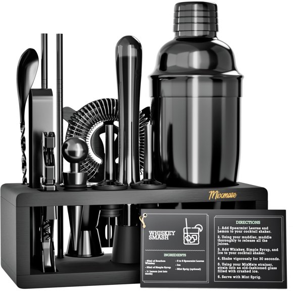 Mixology Bartender Kit with Stand | 15 Piece Bar Tool Set, Silver Bar Set Cocktail Shaker Set for Drink Mixing - Includes Martini Shaker, Jigger, Str