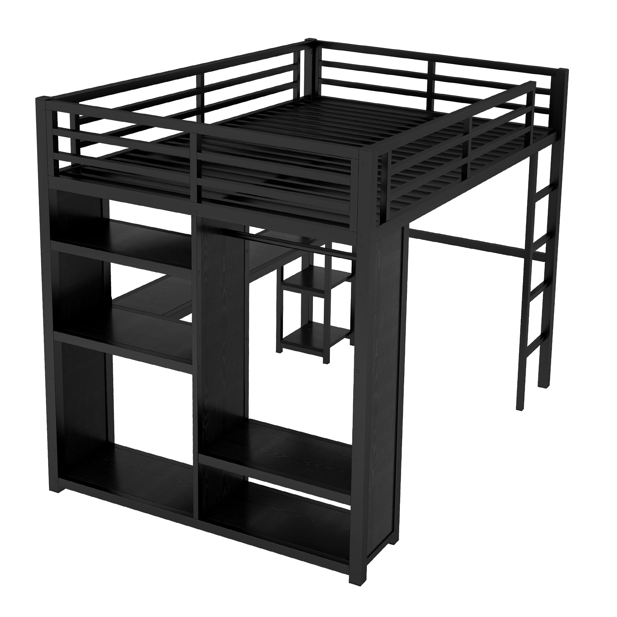 Mintazer Queen Size Loft Bed Frame with Built-in Wardrobe, Sturdy Metal Loft Bed with Desk and Storage Shelves, Black