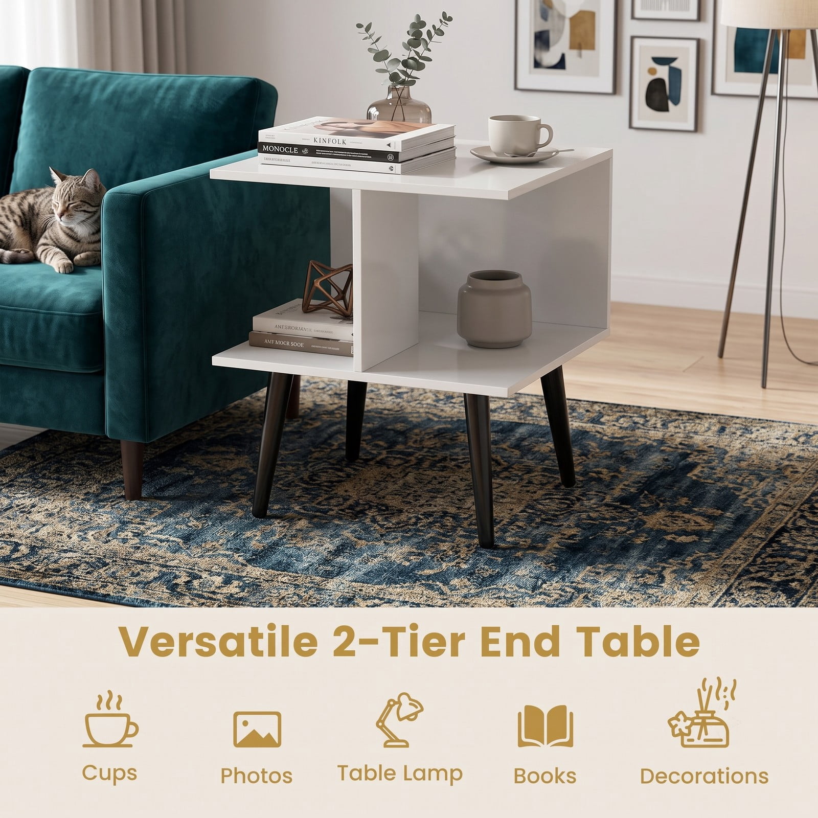 Furnibear 2-Tier Mid Century Modern End Table, Square Nightstand Side Table with 2 Open Compartments and Tapered Metal Legs, Sofa Couch Bedside Accent Table for, White