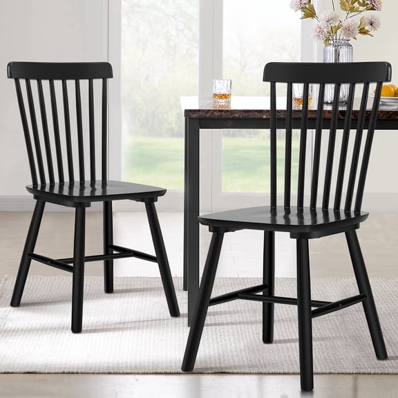 ClinQ Wooden Windsor Dining Chair Set of 2, Spindle Back, Armless, Farmhouse Kitchen and Dining Room Seating, Black