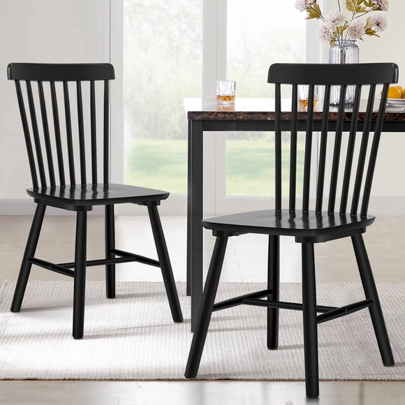 ClinQ Wooden Windsor Dining Chair Set of 2, Spindle Back, Armless, Farmhouse Kitchen and Dining Room Seating, Black