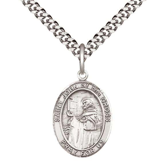 .925 Sterling Silver Patron Saint St. John of the Cross Medal Pendant with 24" Rhodium Plated Heavy Curb Chain Catholic Religious Necklace - Made in USA,Deluxe Velvet Gift Box