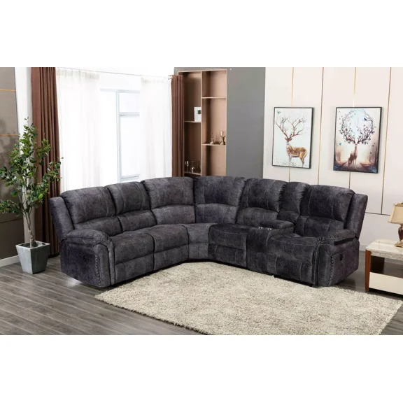 Gray Velvet Power Reclining Modular Sectional Sofa w/ USB's, Storage & Cupholders, Living Room L-Shaped Corner Sofa