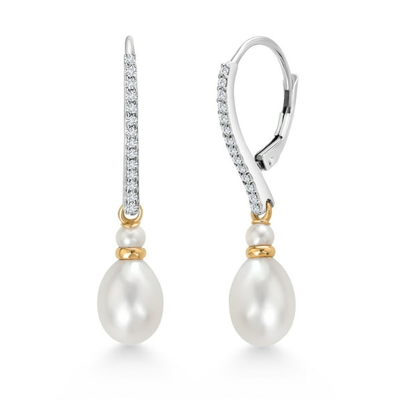 Gem Stone King 925 Sterling Silver and 10K Yellow Gold 9X7MM Cultured Freshwater Pearl and White Lab Grown Diamond Dangling Earrings with Leverback for Women