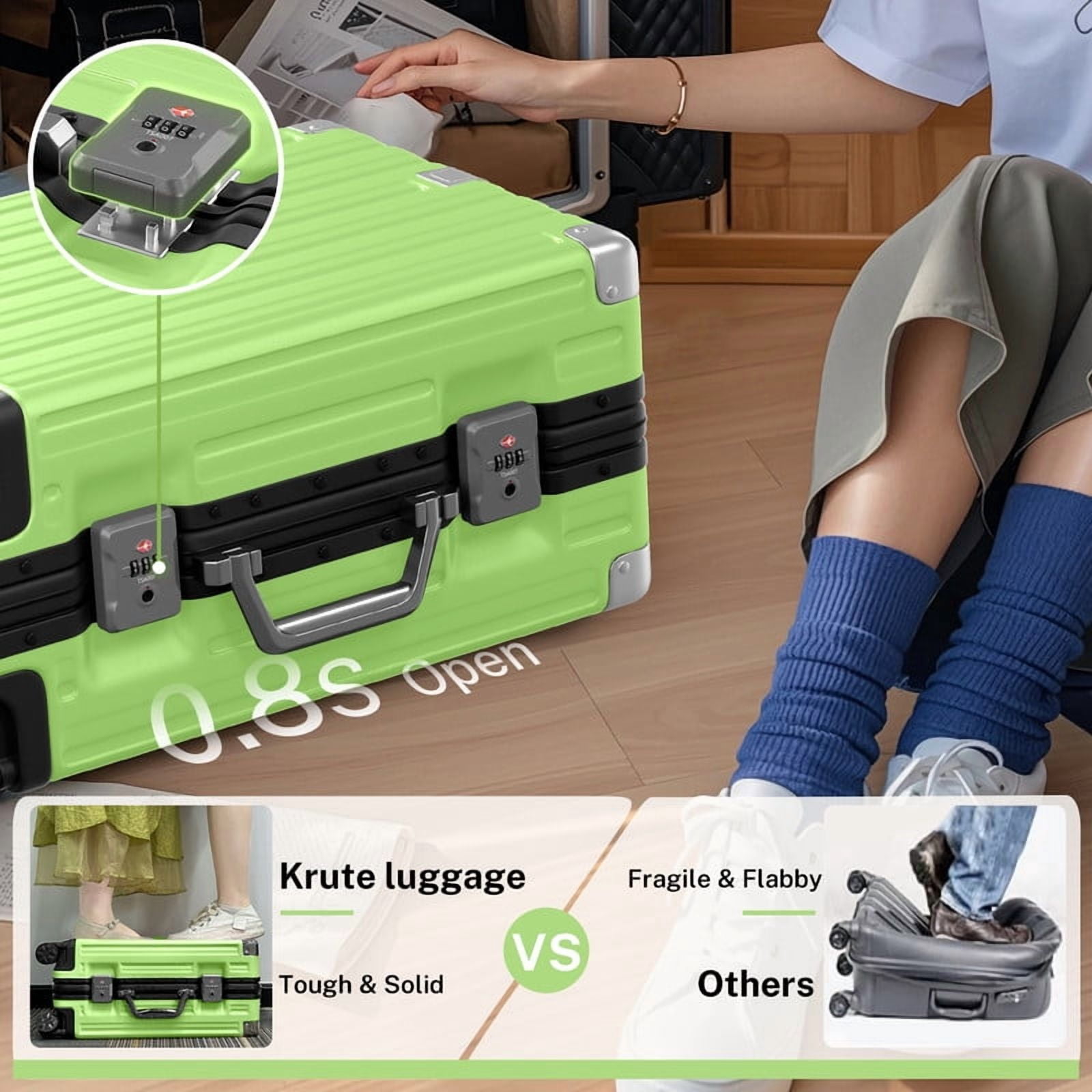 Checked Luggage Aluminum Frame Suitcase with Wheels PC ABS Hardside Zipperless with TSA Lock 24 Inch Green