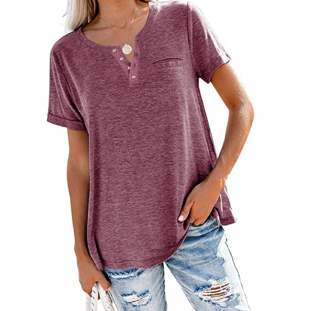 MAWCLOS Dames T-Shirt Couleur Unie Tops V Cou Tee Confortable Rue Manches Courtes Blouse Claret S