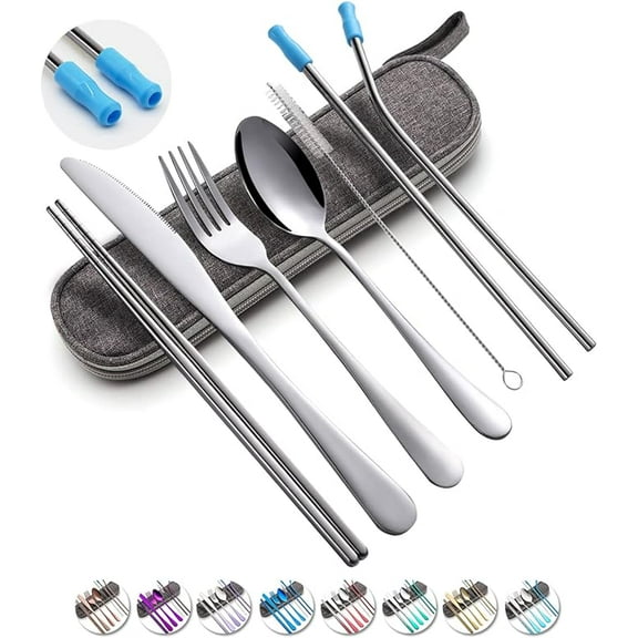 Travel Utensils Set with Case Reusable Portable Cutlery Set Stainless Steel 8pcs Including Dinner Knife Fork Spoon Chopsticks Straws(Silver)