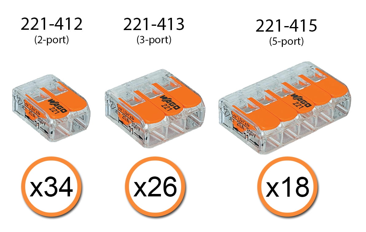 WAGO 221 LEVER NUTS 78pc Compact Splicing Wire Connector Assortment with Case. Includes (34x) 221-412, (26x) 221-413, (18x) 221-415