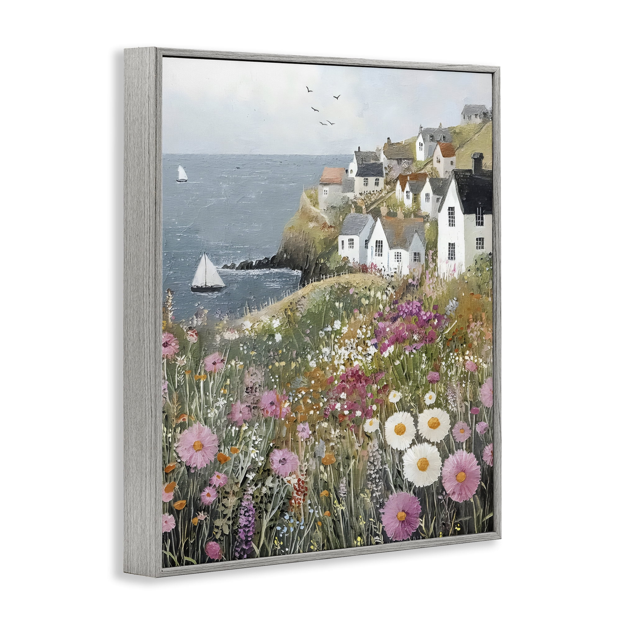 Stupell Industries Pink Meadow Overlooking Sailboats Gray Framed Giclee Art, design by Riley B