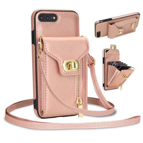 Mantto for iPhone 8 Plus/7 Plus Back Zipper Wallet Case with Detachable Shoulder Strap,Luxury Metal Buckle Card Slots Shockproof Premium PU Leather Stand Crossbody Phone Case for Women Men,Rosegold