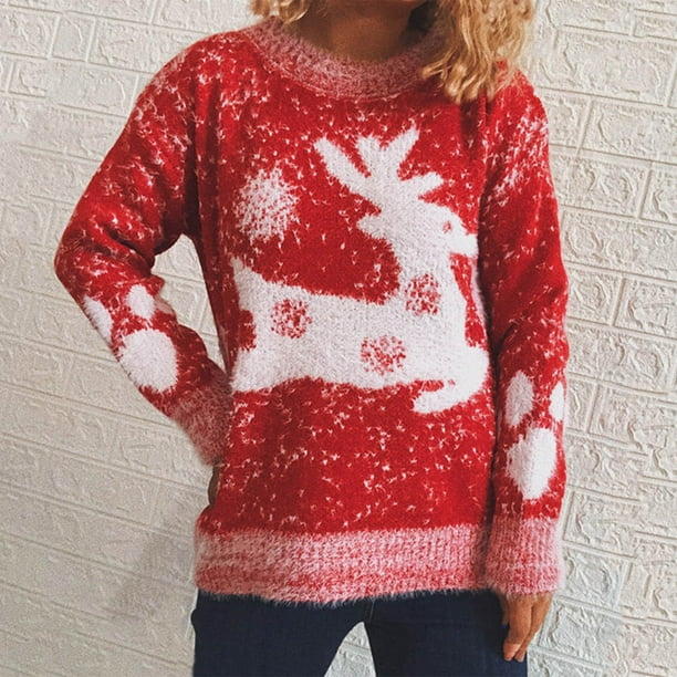 ICHUANYI Clearance Christmas Fawn Snowflake Ladies Casual Print Long Sleeve Round Neck Pullover Sweater Top(Red, S) ICHUANYI WER2023081504733