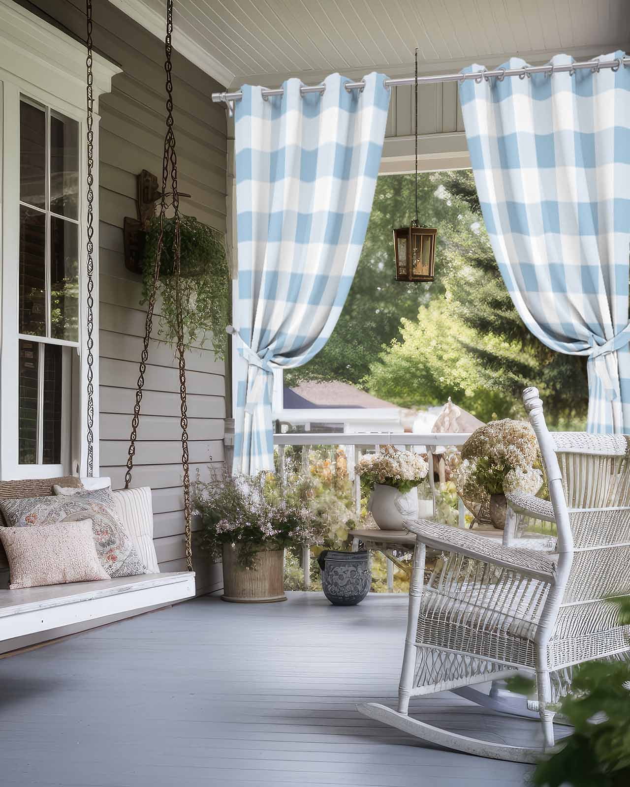 Outdoor Curtains for Patio, Buffalo Plaid Blue, Waterproof Blackout Outside Curtain for Porch/Pergola/Gazebo, Country French Simple White Lattice Thermal Insulated Drapes, 2 Panels, 54 x 95 Inch