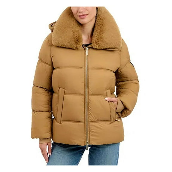MICHAEL Michael Kors Women's Puffer Jacket with Faux Fur Collar (Camel, XS)