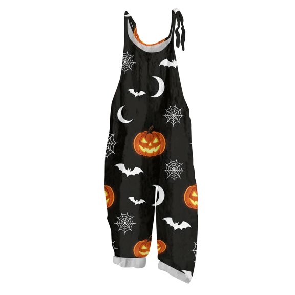 JULMCOMO Halloween Jumpsuits for Women Cotton Linen Pumpkin Cat Ghost Printed Spaghetti Strap Holiday Outfits Plus Size Loose Cute Print Jumpsuits Watermelon Red XL