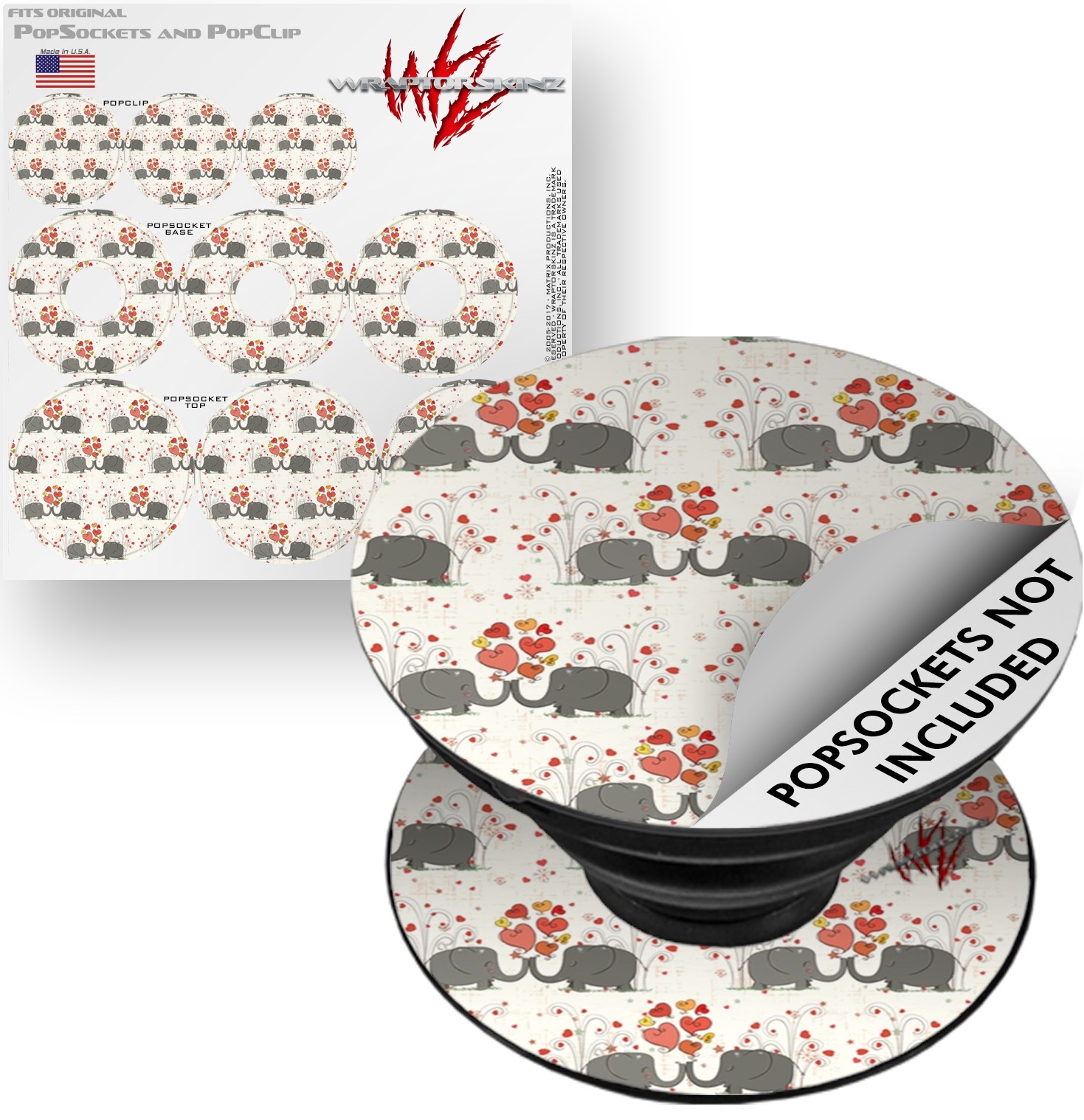 Decal Style Vinyl Skin Wrap 3 Pack for PopSockets Elephant Love (POPSOCKET NOT INCLUDED) by WraptorSkinz