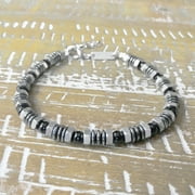 Stainless Steel Silver Hexagon and Black Bead Chain Bracelet Masculine Design - 8.2 Inch