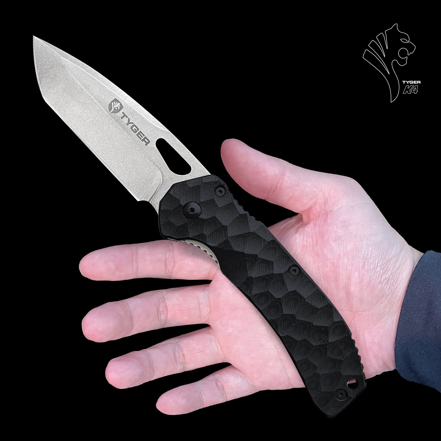 Tyger K4 EDC Folding Pocket Knife | Stone-washed AUS-8 Steel Blade | Black G-10 Handle | TG-KF7A2837