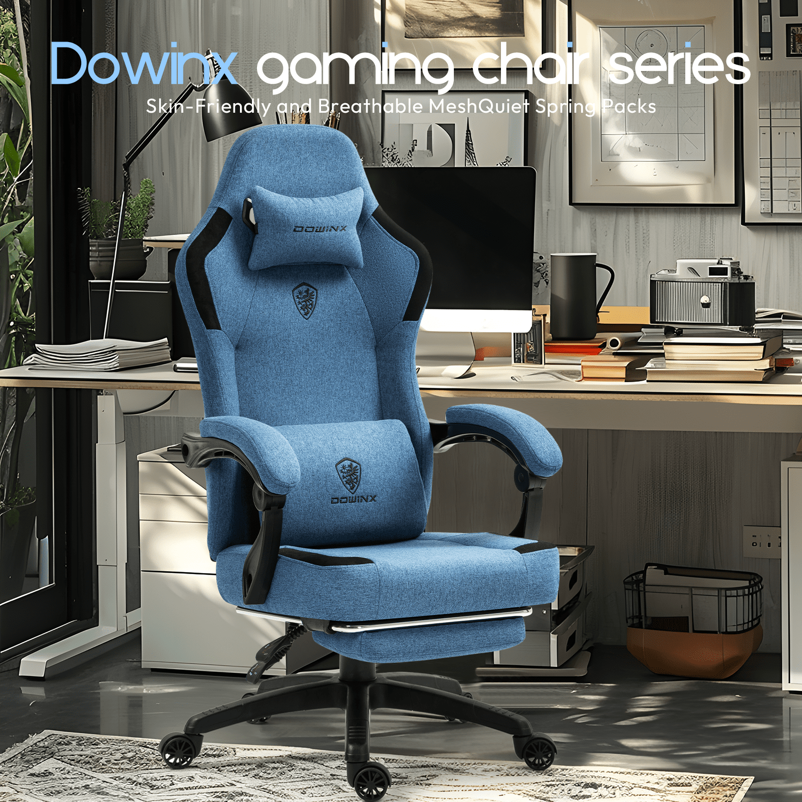 GOOSEA Fabric Gaming Chair with Pocket Spring Cushion, Breathable Computer Chair with Massage Lumbar Support and Footrest, High Back Office Chair for Adults, 300lbs, Blue
