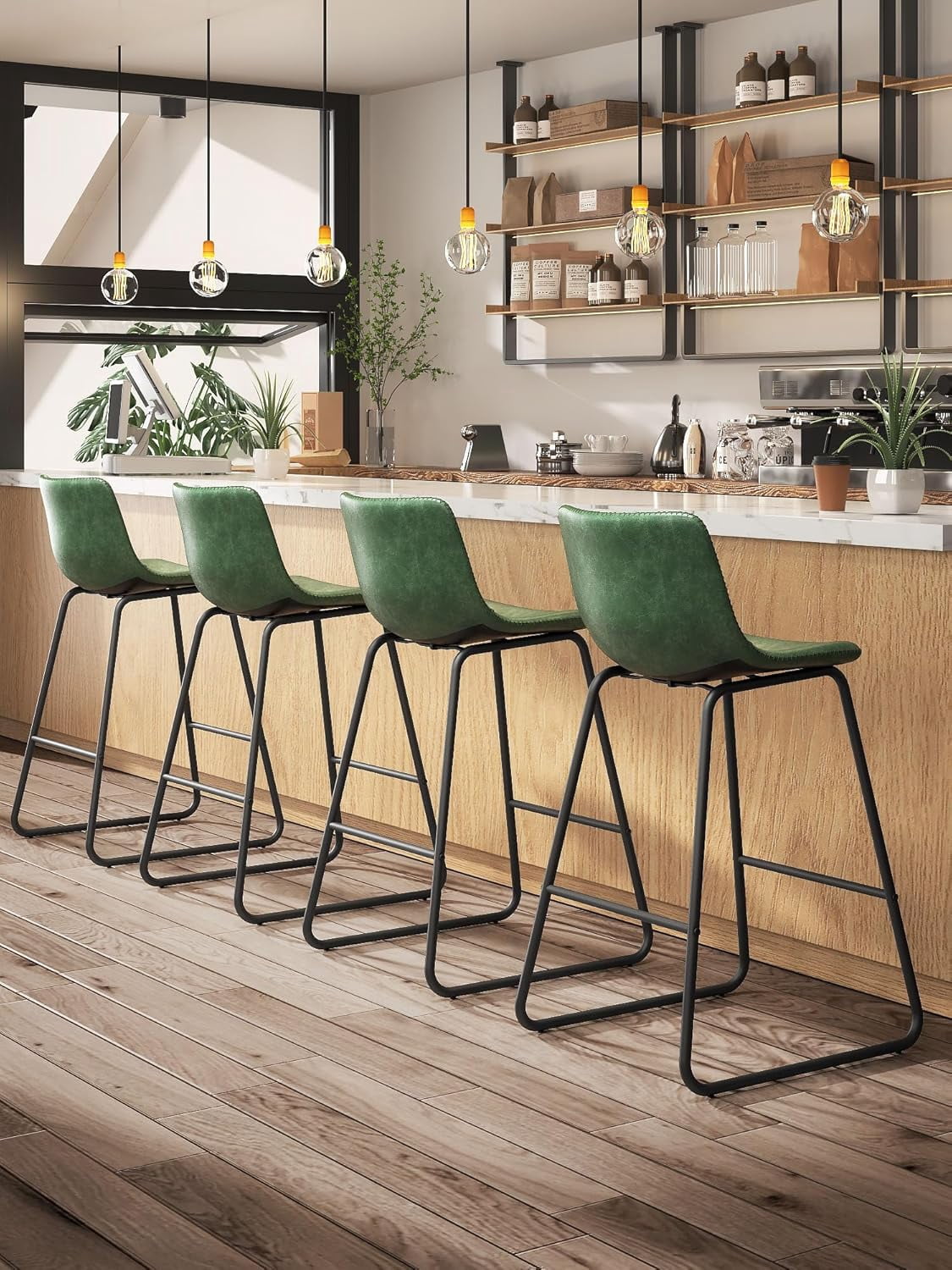LainTene 26" Bar Stools Set of 2 – Faux Leather Counter Height Stools with Backrest & Footrest, Heavy-Duty Metal Frame for Kitchen, Bar, Living Room, Green