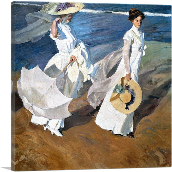 ARTCANVAS Seaside Stroll - Women Walking on the Beach 1909 Canvas Art Print by Joaquin Sorolla y Bastida - Size: 12" x 12" (1.50" Deep)