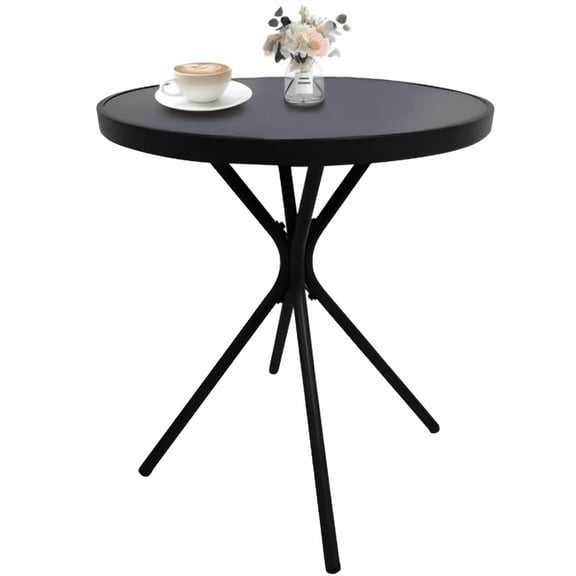 Outdoor Side Table, 24 Inch Glass Top Round End Table for Garden Balcony Patio, Black