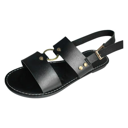 

WNVMWI Sandals Women Women s Slide Sandals Beach Womens Slip on Sandals Black Shoes Slippers Flip Flops Summer Solid Buckle Strap Soft Leather Flat Bottom Round Toe Beach Plus Size Sandals Ye Size 38
