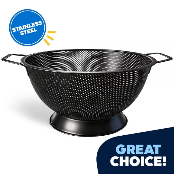 JEEXI Large Stainless Steel Colander, Black Kitchen Strainer with Fine Drain Holes, Sturdy Side Handles and Elevated Base for Pasta, Fruits, Vegetables and Grains
