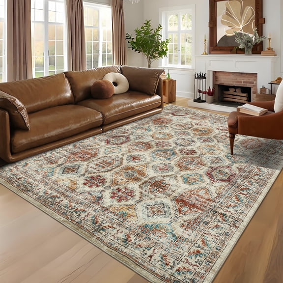 Vintage Distressed Area Rug 5x7 FT Machine Washable Non-Slip Low Pile Soft Carpet for Living Room Bedroom Dining Nursery Office Entryway Home Decor – Beige