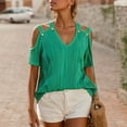 thumbnail image 2 of MIXUE Boho Tops For Women Summer Striped Print Solid Color V Neck Off Shoulder Short Sleeve Sexy Fashion Tee Shirts Sportswear,Green,M, 2 of 6