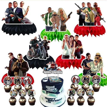 Grand Theft Auto GTA Party Decor Supplies Honeycomb Centerpieces Table Toppers Cake Toppers Decorations for Birthday