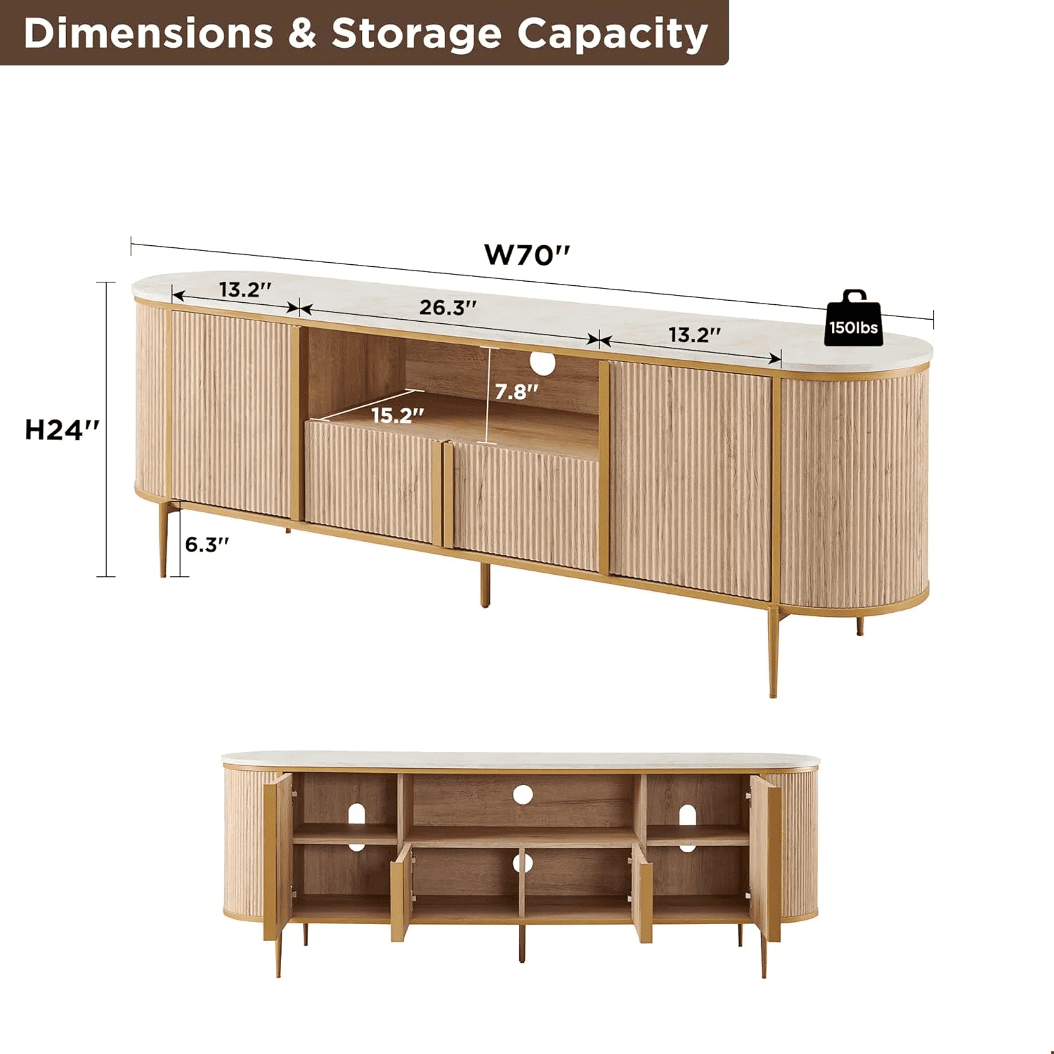 OKD 70" Modern Fluted TV Stand for TVs up to 80", Mid-Century Wooden Entertainment Center for Living Room - Natural Oak