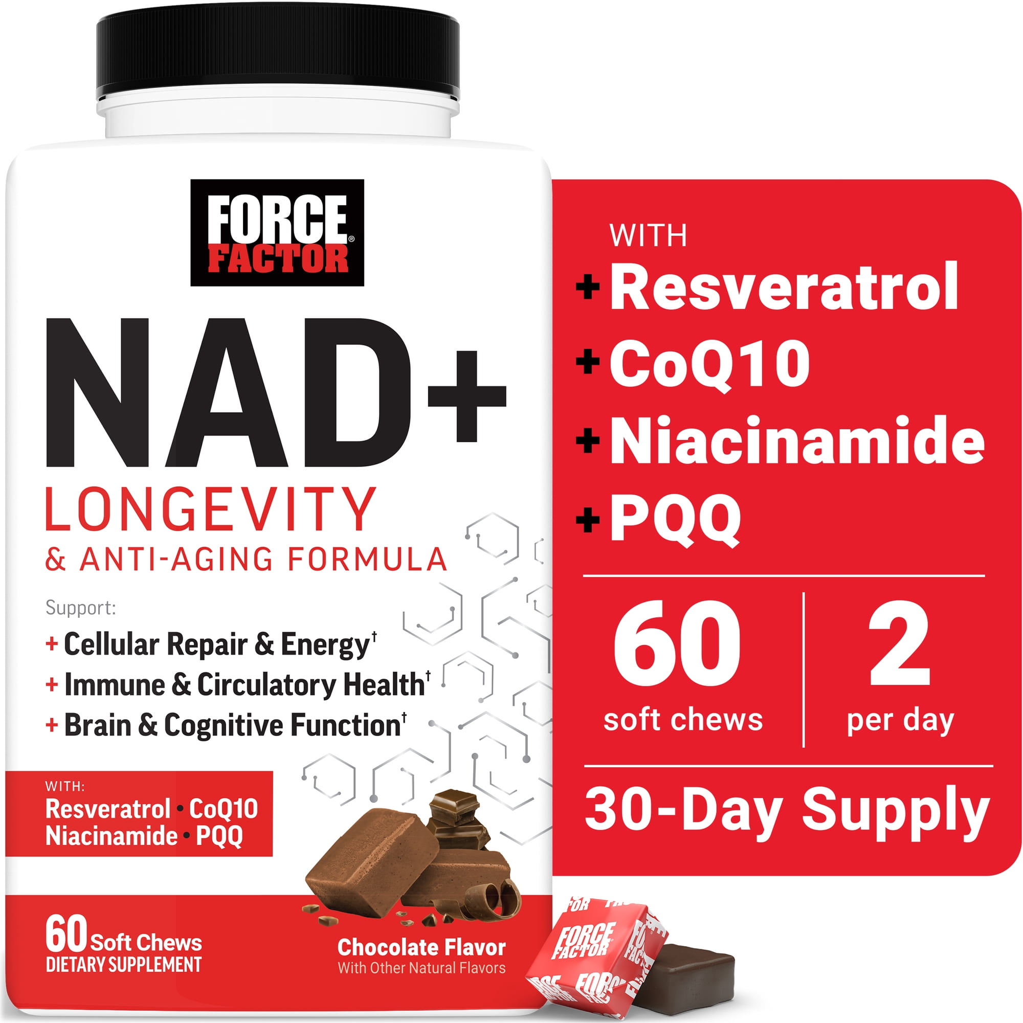 Force Factor NAD+ Longevity, Healthy Aging NAD Supplement, Resveratrol & Nicotinamide for Cellular Energy & Cognitive Health, Chocolate, 60 Soft Chews