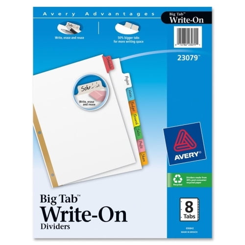Avery Big Tab(TM) Write & Erase Dividers, 8 Multicolor Tabs, 1 Set (23079) 8 x Divider(s) - Write-on Tab(s) - 8 Tab(s)/Set - 8.5' Divider Width x 11' Divider Length - Letter - 3 Hole Punched - White