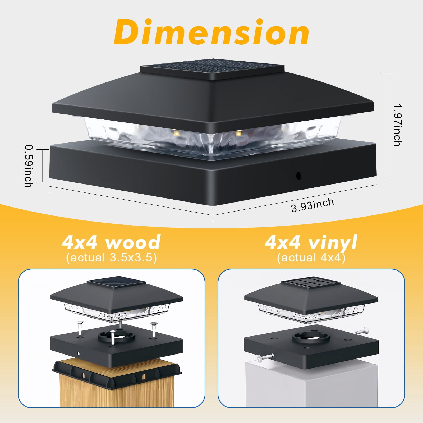Ninonly 6 Pack Solar Post Cap Lights Outdoor, Waterproof LED Solar Fence Post Lights for 4x4 Wood/Vinyl Posts, Black Solar Powered Deck Post Lights for Garden Patio Fence Porch Deck Decor