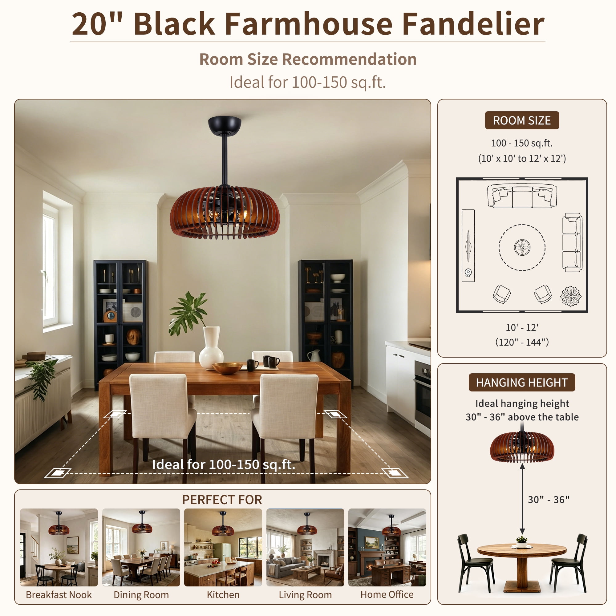 Leumius 20" Pumpkin Wood Ceiling Fan, Rustic Farmhouse Plywood Fandelier with 6 E12 Sockets, Reversible DC Motor, Adjustable Hanging, 6 Speeds Remote Control Ceiling Fan for Dining Room Kitchen