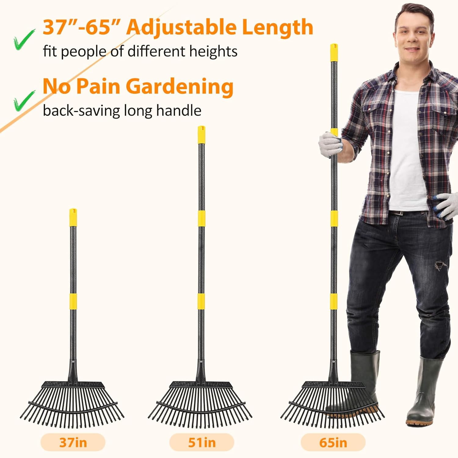25-Tine Leaf Rake, 60-inch Heavy Duty Metal Garden Rake for Lawns & Yards – Small Rake Head